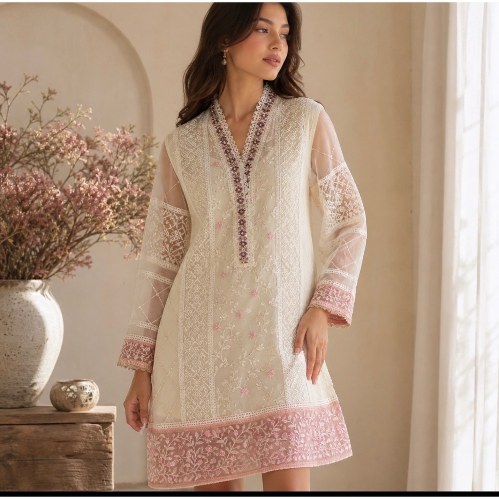 Azure Ethereal Sheer Embroidered Kurta Dress Beaded Floral Cottagecore Boho Mini